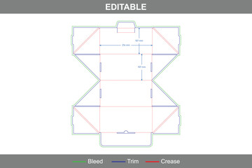 Flip top dump style box dieline template with custom dimensions, folding carton packaging structure for retail packaging design with accurate packaging die line