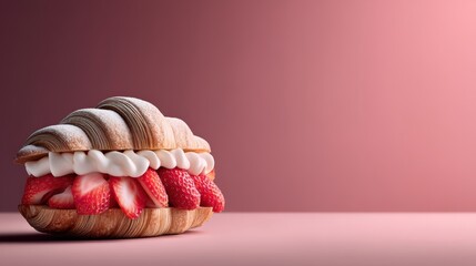 Strawberry and cream croissant sandwich on white background