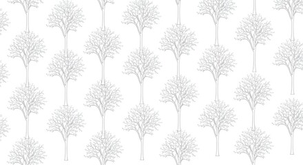 Fototapeta premium A black and white seamless pattern features stylized trees connected by delicate vertical lines, creating a structured yet organic geometric design.