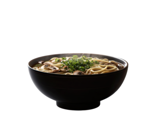 Dark bowl of steaming ramen