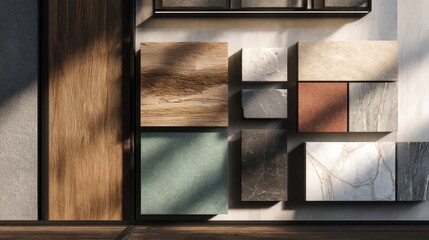 Arranged samples of stone, wood, and tile textures on a neutral wall, dappled by sunlight
