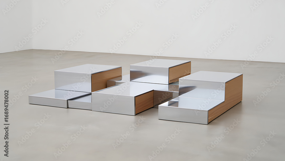 Aufkleber modern abstract sculpture made of geometric shapes and cardboard, displayed in a minimalist gallery 