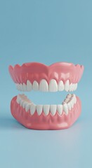 Fototapeta premium Close up of realistic looking dentures with white teeth and pink gums against a solid blue background