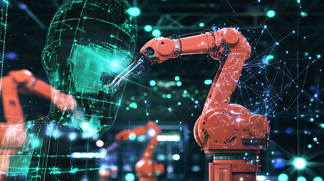 Robotic Arm Interacting with Digital Human Head in a Futuristic Setting - Powered by Adobe