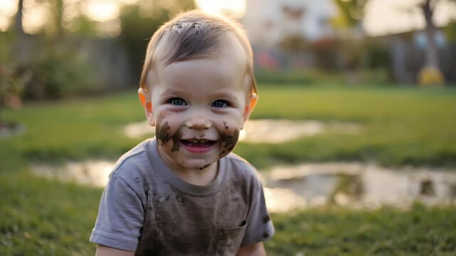 Laughing toddler with muddy face looking around and smiling in the garden at sunset, authentic childhood moment with natural joy and playful outdoor lifestyle captured in cinematic motion