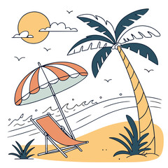 Flat vector illustration of a summer beach scene with a striped umbrella, lounge chair, palm tree, and ocean waves, bright sunny colors, minimal style, transparent background