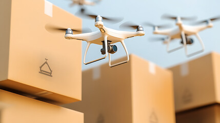 Drones Hovering Over Stacked Cardboard Boxes for Delivery