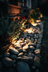 Illuminated stones and greenery line a pathway at dusk, showcasing warm, ambient lighting.