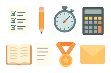 Set of educational and office icons: checklist, pencil, stopwatch, calculator, book, medal, envelope