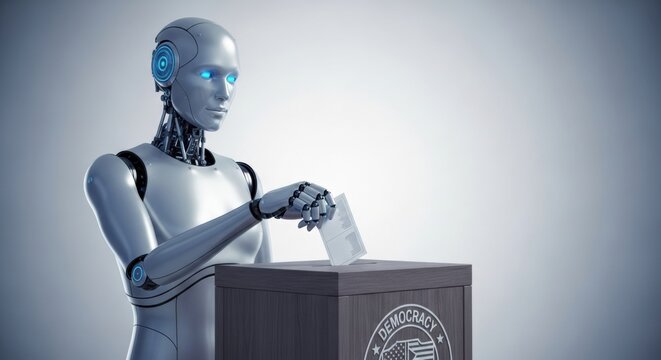 A futuristic android with blue glowing eyes casts a vote, representing the role of AI in future democratic processes.