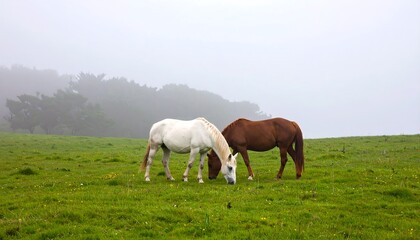 Fototapeta premium Two horses graze in a misty meadow