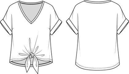 Front tie women’s short sleeve top fashion CAD, flat sketch vector template with V-neck and cuffed sleeve design