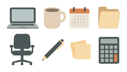 Office essentials icons: laptop, coffee mug, calendar, folder, chair, pen, calculator