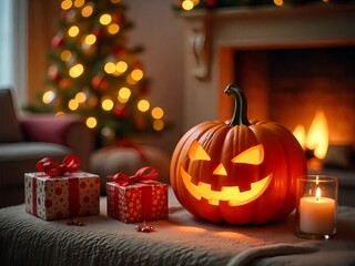 Obraz premium A decorated Christmas interior scene with a carved pumpkin, presents, and a lit Christmas tree in the background.