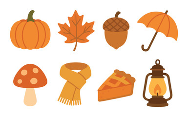 Autumn symbols: pumpkin, leaf, acorn, umbrella, mushroom, scarf, pie, lantern