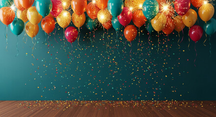 Colorful balloons with sparklers, confetti falling on teal wall and wooden floor, showcasing celebratory, festive mood, perfect for party invitations or celebratory designs, free space for text
