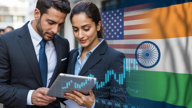 Usa india trade business analysis with business people and stock market chart data on transparent background