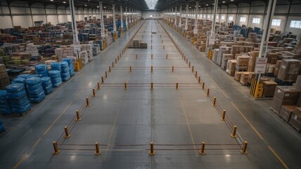 Large warehouse interior with goods and products for storage and distribution center on transparent background