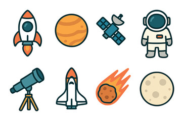 Colorful space icons with rocket, astronaut, telescope, and more