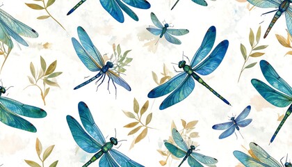 Watercolor dragonfly pattern on white background