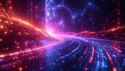 Data streams flow through a futuristic digital landscape, creating a vibrant and dynamic visual experience, representing technological advancement and innovation.