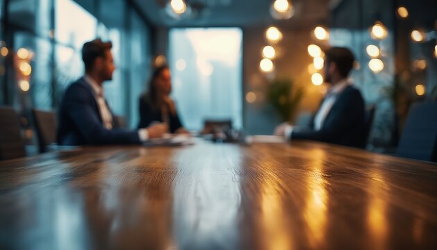 a blurred view of a business meeting with professionals seated around a wooden table in a softly lit room. - Powered by Adobe