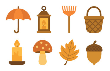 Autumn icons: orange umbrella, lantern, rake, basket, candle, mushroom, leaf, acorn on warm background