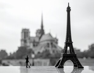 Miniature Man Sweeping Near Eiffel Tower Figurine
