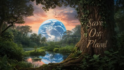 Majestic planet Earth looms over lush jungle as ancient tree urges 'Save Our Planet' for future