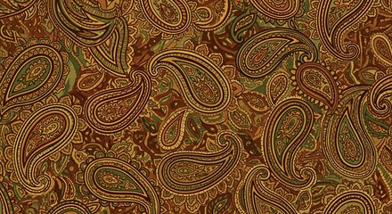 A richly detailed full frame seamless paisley pattern is presented in a harmonious array of earthy greens, golds, and browns, showcasing intricate traditional motifs.
