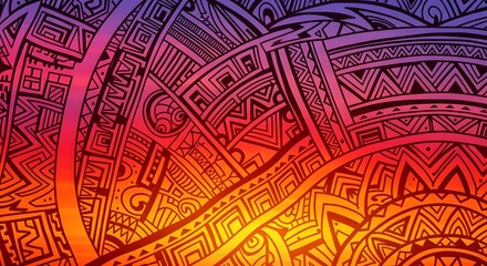 Obraz premium A dynamic close-up perspective of an intricate tribal pattern with strong Maori influences is dramatically highlighted by a brilliant sunset color gradient across the design.