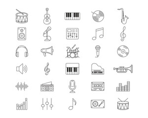 Set of Music Icon. Audio, bass, mic, podcast, microphone, sound, speaker icon line art style template
