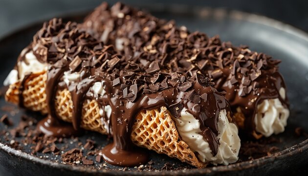 a decadent chocolate eclair pastry with rich ganache and sprinkled cocoa nibs rests on a dark, textured plate.