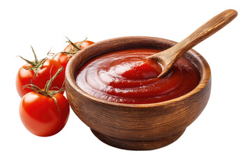 Wooden bowl of tomato sauce with fresh tomatoes