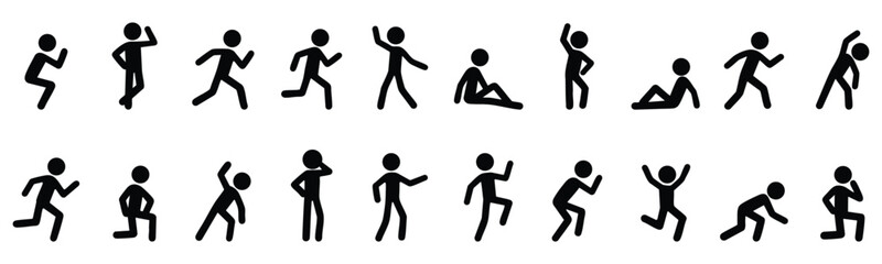 Stickman activity silhouette collection of running, walking, sitting, jumping, relaxing, exercising and movement icon design set