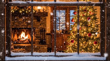 Looking through a snowy window from the cold outside into a warm and cozy living room with a roaring fireplace and a beautifully decorated lit Christmas tree - Powered by Adobe