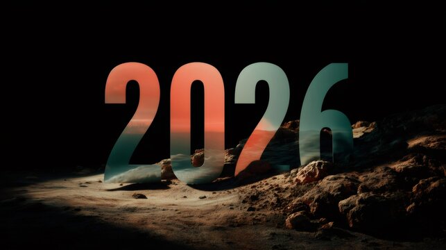 Year 2026 approaching on a rocky, mars like horizon, representing the excitement of future space exploration and the promise of groundbreaking discoveries waiting to unfold