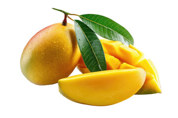 Ripe mango fruit with leaves.  Two whole mangoes and slices, vibrant yellow, glistening with water droplets, are displayed against a black background.  Green leaves add a touch of freshness