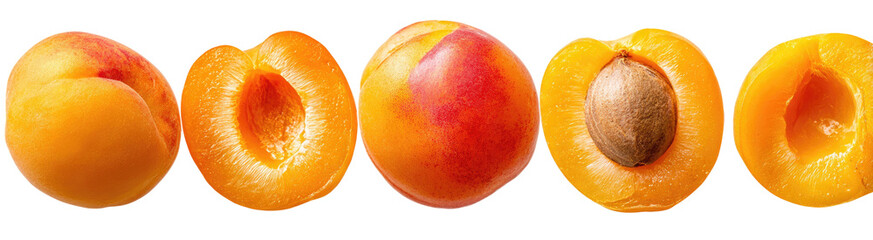 Fototapeta premium Halved apricots, vibrant orange-yellow flesh, and reddish-pink blush
