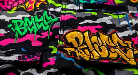 Obraz premium A close-up view of a street art inspired fabric pattern featuring bold green, pink, and yellow graffiti tags over a dark camouflage background.