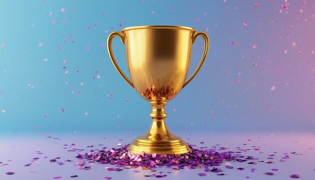 a golden trophy stands amidst a shower of colorful confetti against a vibrant blue and purple gradient background.
