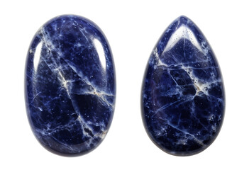 Oval and droplet shaped sodalite polished cabochons with rich blue color for jewelry and designs, transparent background