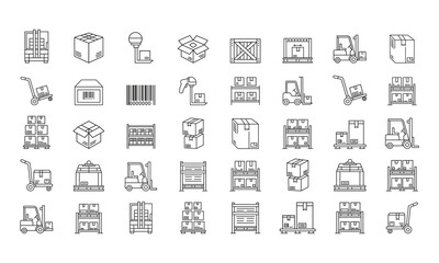 Warehouse Icon Set. Distribution, industry, inventory, shipping, supplier, delivery, cabin icon line art style vector template