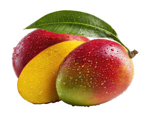 Close-up of ripe mangos, vibrant red and yellow.  Water droplets on the skin. One whole mango and two slices, one leaf