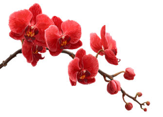 a red orchid flower branch with pink flowers on it, with a transparent background, in the style of digital art. a red phalaenopsis orchid.