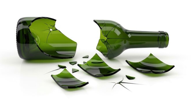 Shattered green glass wine bottle on white background.  Broken fragments scattered around.