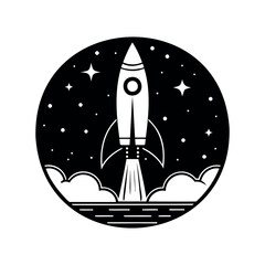 Black and white rocket launch illustration in circular night sky scene