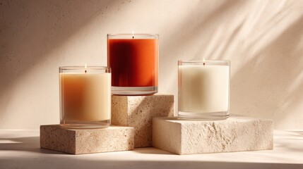 Sunlit Glass Jar Candles on Stone Pedestals, Neutral Beige Home Decor Still Life