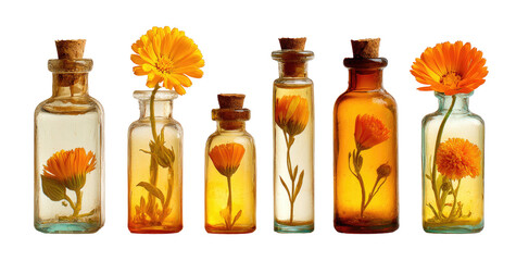Six small glass bottles, each containing a preserved marigold flower, in amber and clear glass