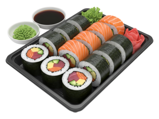 Assorted sushi rolls platter with salmon tuna and avocado delicious japanese cuisine on transparent background